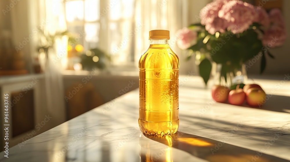 fresh apple juice bottle on a bright kitchen table with a window view in the background new beautiful stock image illustration AI fresh apple juice bottle on a bright kitchen table with a window view in the background new beautiful stock image illustration AI