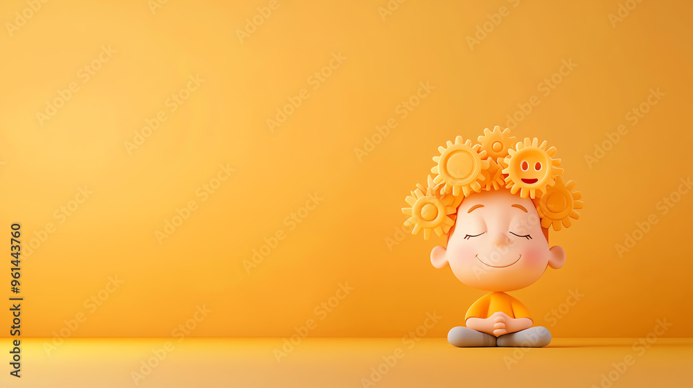 A cheerful child meditating with bright sun gears on their head, symbolizing happiness and creativity in a vibrant yellow setting. A cheerful child meditating with bright sun gears on their head, symbolizing happiness and creativity in a vibrant yellow setting.