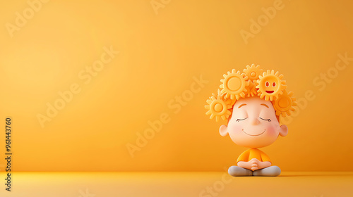 A cheerful child meditating with bright sun gears on their head, symbolizing happiness and creativity in a vibrant yellow setting.