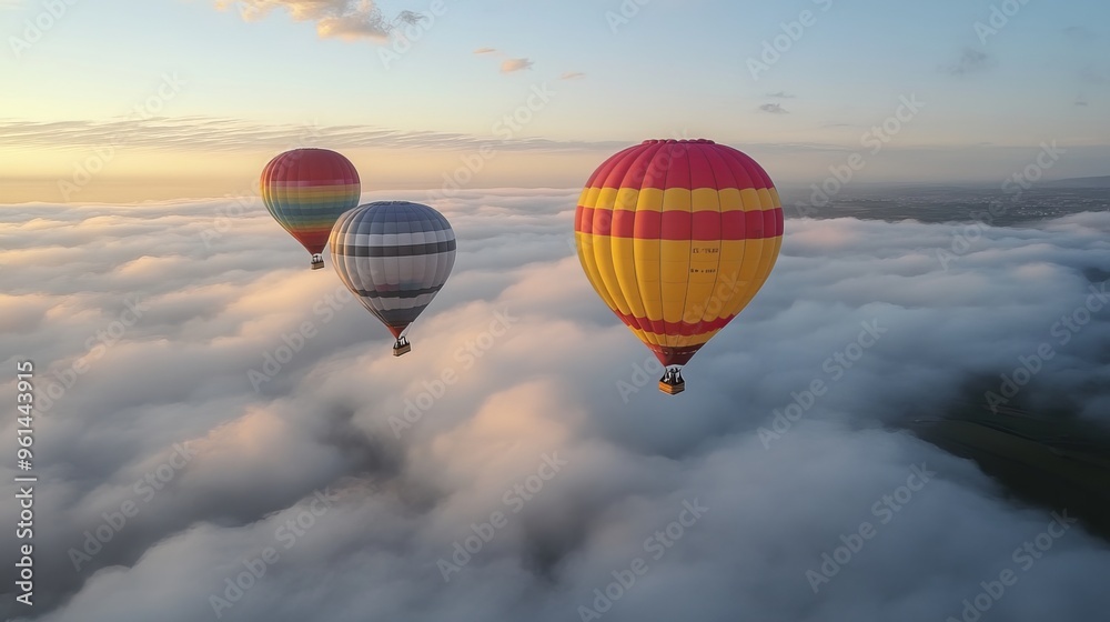 Obraz premium Witness the enchanting world of hot air ballooning through captivating images that showcase the awe-inspiring beauty of this aerial dance. Experience the tranquility of floating above the clouds