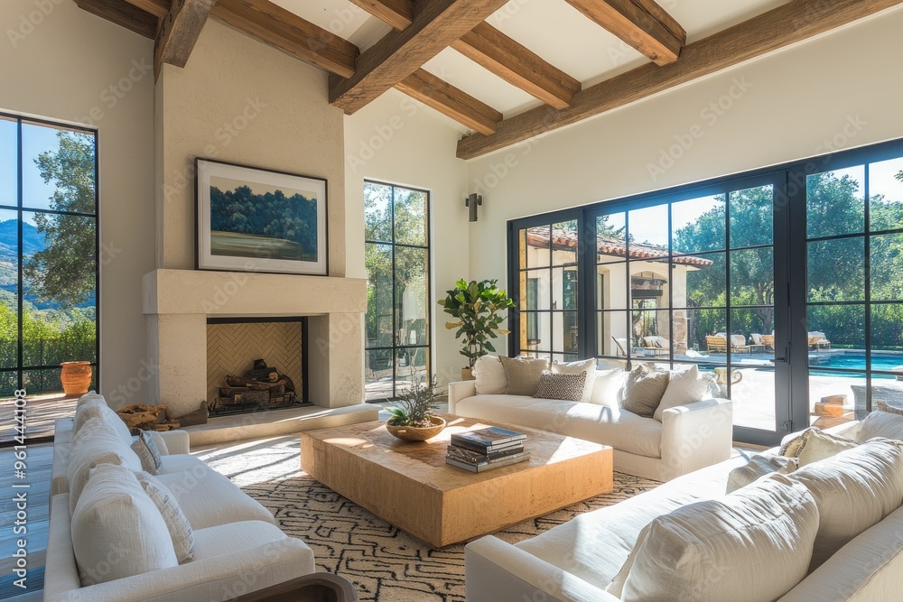 Fototapeta premium A bright, modern living room featuring a cozy fireplace and large windows overlooking nature.