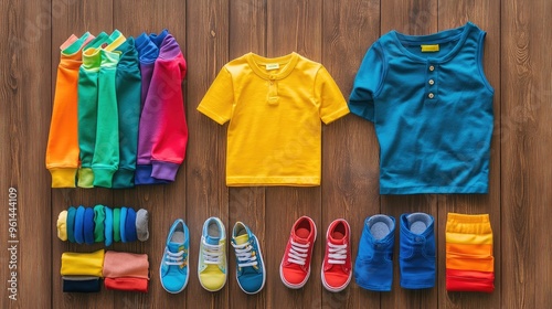 A colorful flat lay of childrenas clothes with rainbow-colored shirts, pants, and shoes, displayed on a wooden floor. photo