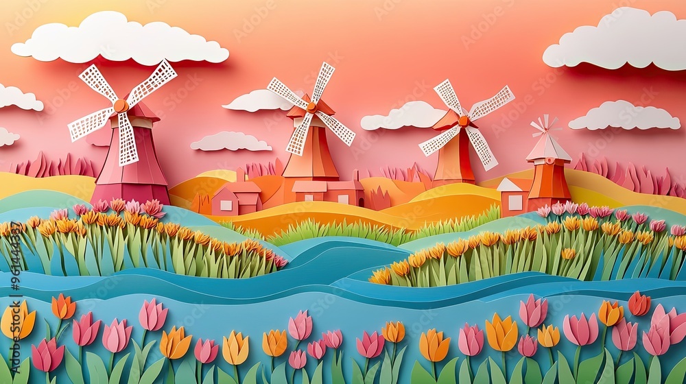 Obraz premium 13. A 3D paper cut art of the windmills of the Netherlands, with layered fields of tulips and water channels, all set against a solid sky background