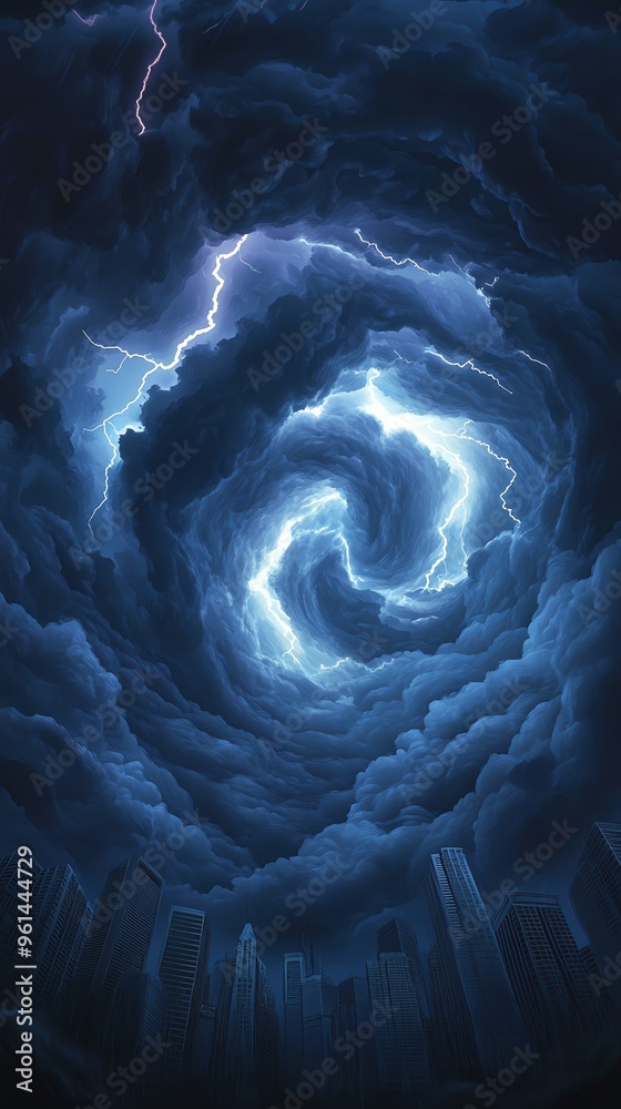 Obraz premium Dramatic storm clouds swirl with bright lightning, creating a captivating and powerful atmospheric scene.