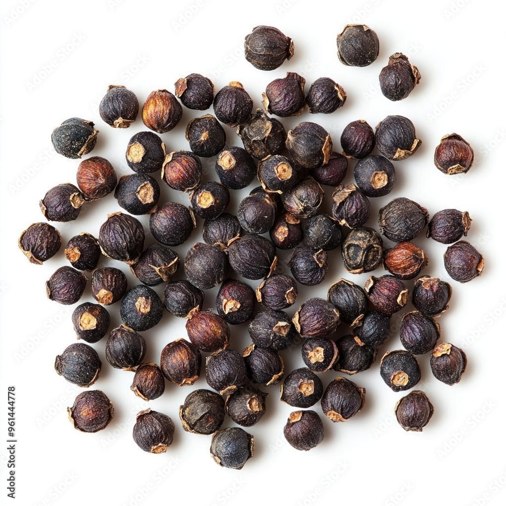 Obraz premium Close-up of black peppercorns on white background.