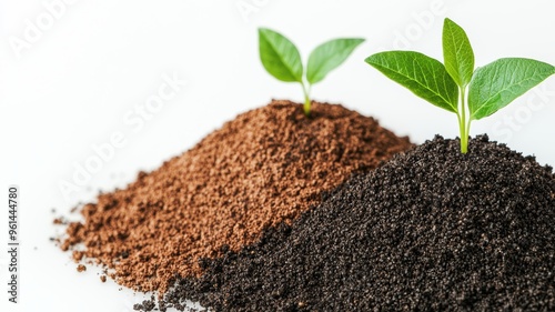 Close-up of two soil types with green plants sprouting, showcasing nature and growth. Ideal for environmental or gardening themes.