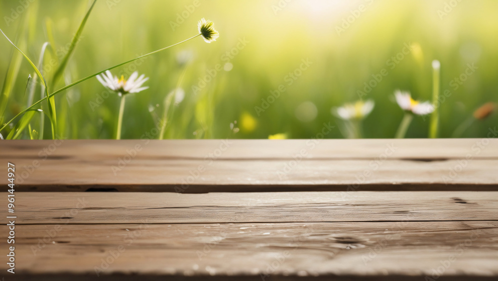 Fototapeta premium Empty wooden table with spring green meadow theme in background