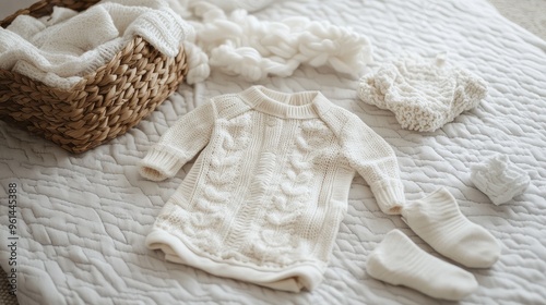 A set of newborn essentials, including a swaddle blanket, onesie, and socks, placed on a soft, textured blanket.