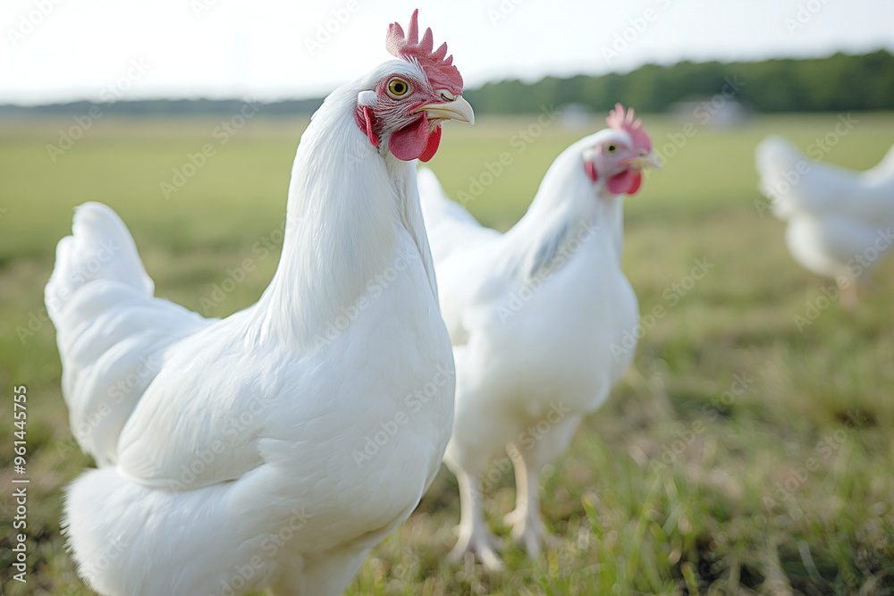 A serene white chicken farm featuring pristine White Leghorn and Skyline hens, all ready and active A serene white chicken farm featuring pristine White Leghorn and Skyline hens, all ready and active