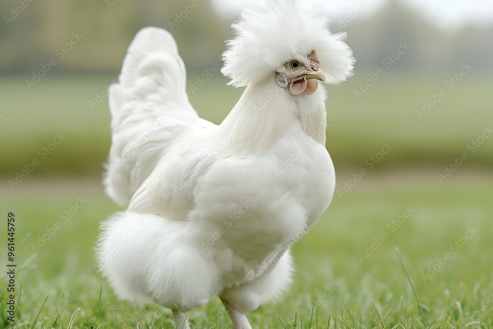 Fototapeta premium A serene white chicken farm featuring pristine White Leghorn and Skyline hens, all ready and active