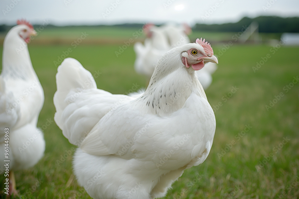 A serene white chicken farm featuring pristine White Leghorn and Skyline hens, all ready and active A serene white chicken farm featuring pristine White Leghorn and Skyline hens, all ready and active