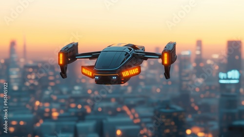 Futuristic drone flying over a vibrant cityscape at sunset, showcasing advanced technology and urban beauty. photo