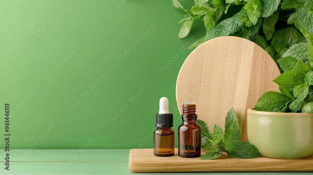 Serene arrangement of essential oils with fresh mint leaves, perfect for wellness, relaxation, and natural beauty concepts. Serene arrangement of essential oils with fresh mint leaves, perfect for wellness, relaxation, and natural beauty concepts.