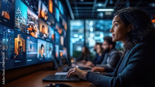 Focused businesswoman analyzing digital data. Focused businesswoman analyzes multiple digital screens displaying data and performance metrics in a modern office environment.