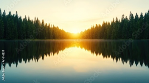 Serene sunrise over calm lake surrounded by lush evergreen trees, creating a perfect reflection and peaceful atmosphere.