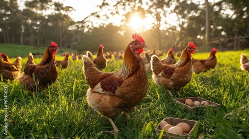 freerange chickens roaming lush green pasture vibrant plumage gleaming in sunlight some pecking at ground while others lay eggs in rustic nesting boxes nearby photo