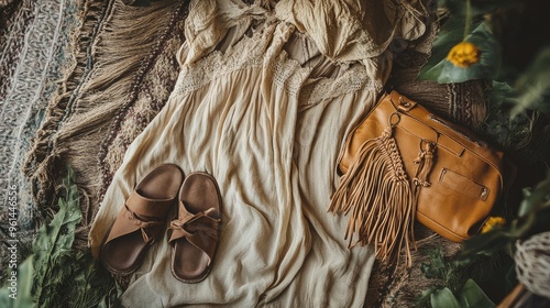 Flat lay of a bohemian outfit, featuring a flowy dress, leather sandals, and a fringe bag, on a natural earth-toned surface. photo