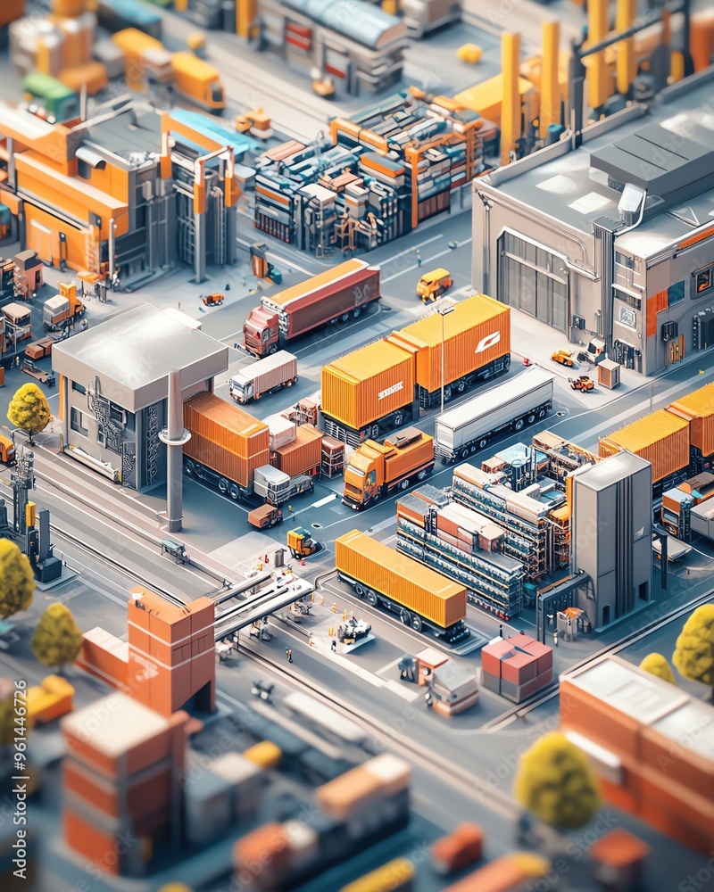 A pastel brightly colored illustration of a busy AIpowered logistics hub with smart vehicles and robotic systems A pastel brightly colored illustration of a busy AIpowered logistics hub with smart vehicles and robotic systems