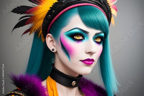 happy beautiful woman, punk style makeup, impasto, fine feather details, bright colours, intricate patterns, plumes, Victorian style, elegant, bold, edgy, fierce, vibrant, classic, rebellious  photo