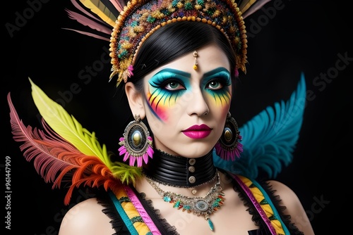 happy beautiful woman, punk style makeup, impasto, fine feather details, bright colours, intricate patterns, plumes, Victorian style, elegant, bold, edgy, fierce, vibrant, classic, rebellious  photo