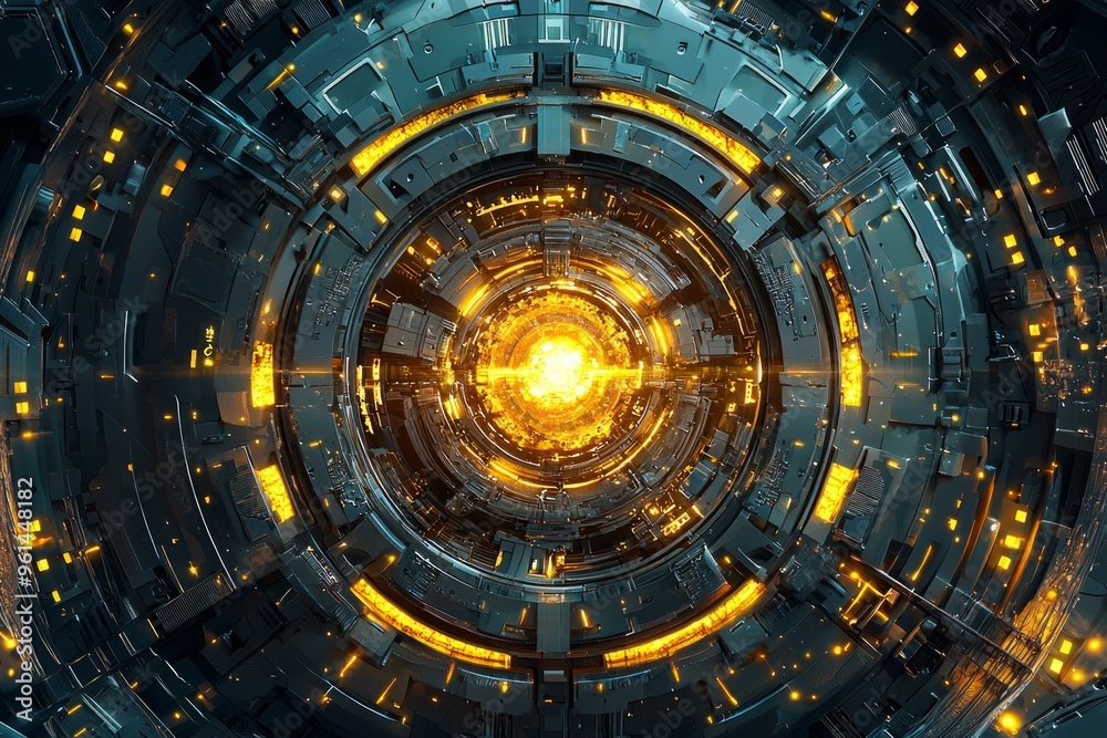 Fototapeta premium A top-down view of an advanced energy core, glowing with golden light and surrounded by intricate circuitry