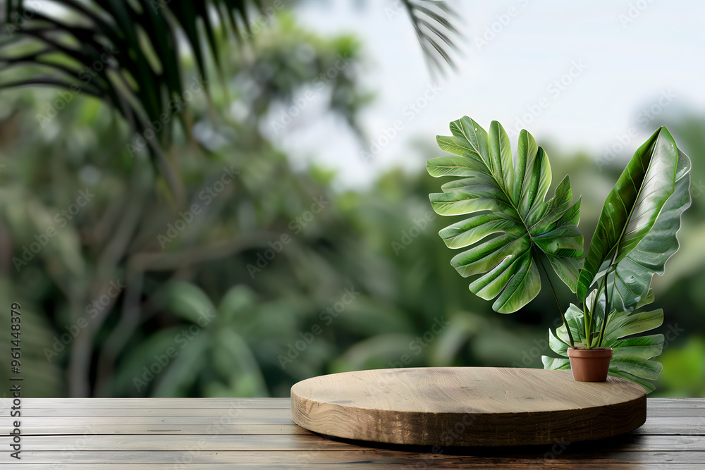Empty wooden platform with lush tropical leaves in the background, perfect for showcasing products in a natural setting Empty wooden platform with lush tropical leaves in the background, perfect for showcasing products in a natural setting