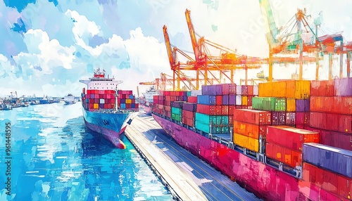 A pastel brightly colored drawing of AIcontrolled cargo ships and autonomous trucks at a busy port photo