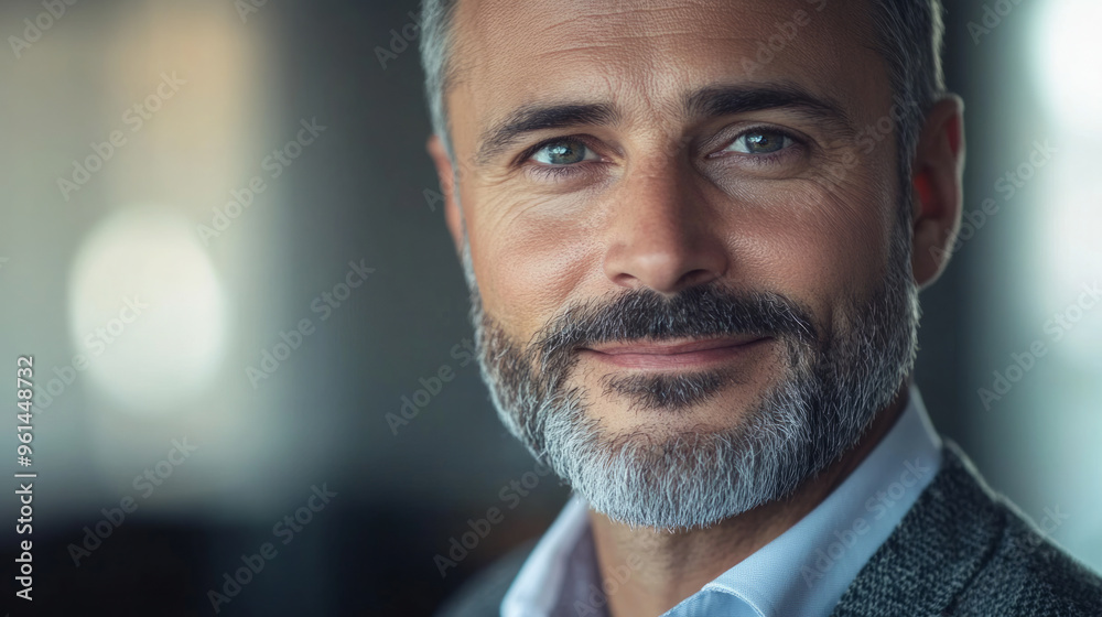 Confident team leader smiling during business meeting in modern office setting Confident team leader smiling during business meeting in modern office setting