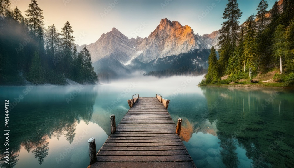 A mountain lake at dawn, where soft mist hovers over calm, crystal-clear waters. A mountain lake at dawn, where soft mist hovers over calm, crystal-clear waters.
