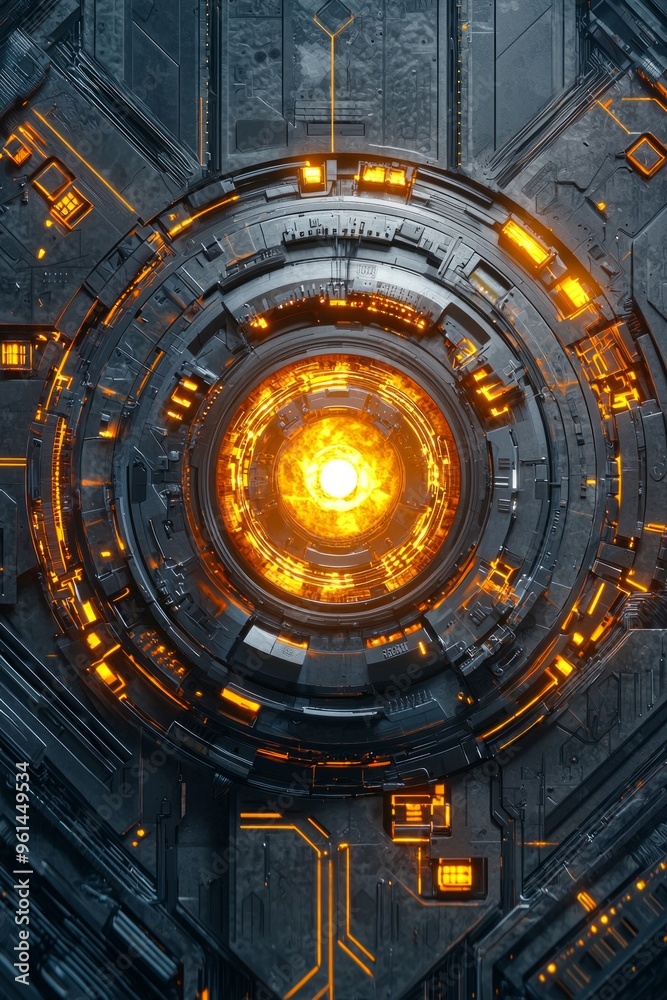 A top-down view of an advanced energy core, glowing with golden light and surrounded by intricate circuitry A top-down view of an advanced energy core, glowing with golden light and surrounded by intricate circuitry
