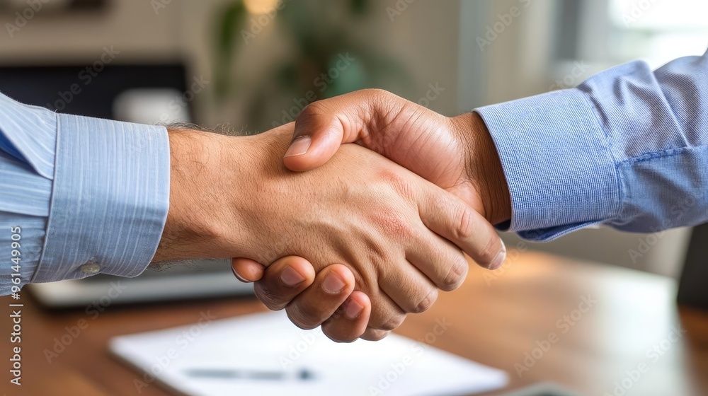 Two professionals shaking hands in a business environment, symbolizing agreement and partnership in a corporate setting. Two professionals shaking hands in a business environment, symbolizing agreement and partnership in a corporate setting.