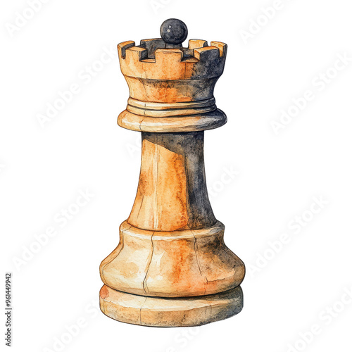 A detailed watercolor illustration of a chess rook piece, showcasing its unique shape and artistic texture. photo