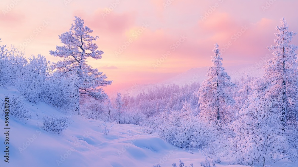 A breathtaking landscape showcasing a snowy forest bathed in the warm glow of a sunrise. The pink sky casts a magical light over the frosted trees and the snow-covered ground, creating a serene and pe A breathtaking landscape showcasing a snowy forest bathed in the warm glow of a sunrise. The pink sky casts a magical light over the frosted trees and the snow-covered ground, creating a serene and pe