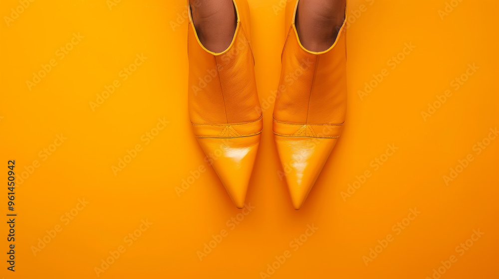 Vibrant yellow pointed-toe women's fashion shoes on bright orange background Vibrant yellow pointed-toe women's fashion shoes on bright orange background