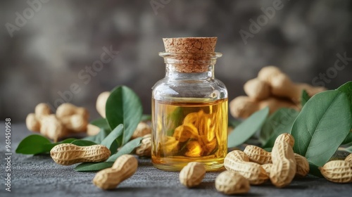 Peanut Oil in a Glass Bottle with Peanuts and Leaves