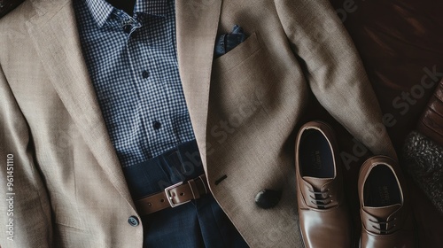 Top view of a men's evening wear set with a blazer, button-down shirt, belt, and loafers, focus on the blazer.