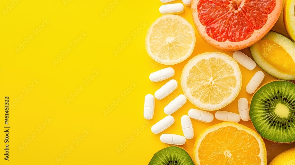 Citrus Fruits Kiwi and White Pills on Yellow Background Citrus Fruits Kiwi and White Pills on Yellow Background