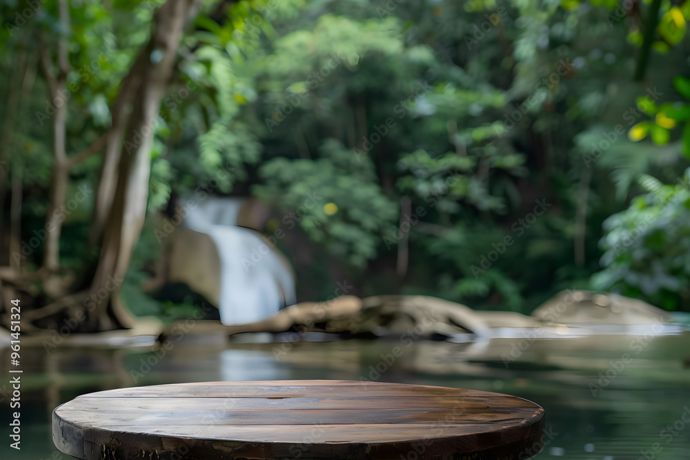 Empty wooden platform with lush tropical leaves in the background, perfect for showcasing products in a natural setting Empty wooden platform with lush tropical leaves in the background, perfect for showcasing products in a natural setting