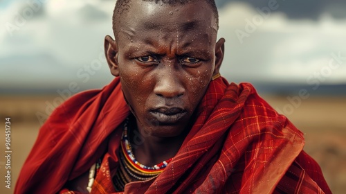  Person in red scarf gazes at camera against cloudy backdrop ..Or, for a more descriptive version:..A tight shot