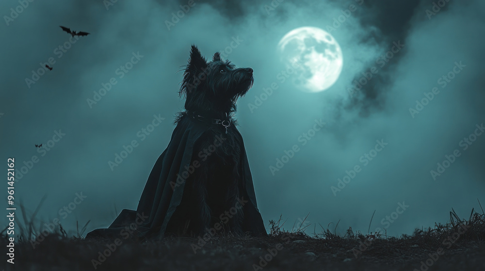 A dog in dark cape gazes at full moon, surrounded by mist and bats, creating spooky atmosphere..