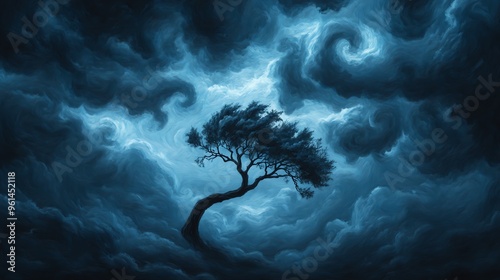 A solitary tree stands against a backdrop of swirling dark clouds, creating a dramatic and moody atmosphere. photo