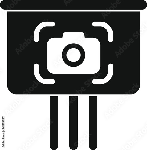 Simple vector icon of a camera focusing on a blackboard with a tripod, representing photography class