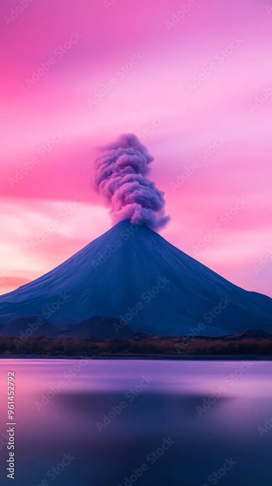 Fototapeta premium A stunning volcanic eruption at sunset, showcasing vibrant colors and dynamic smoke against a serene landscape.