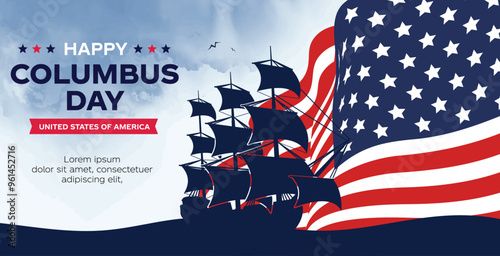 Happy Columbus day background with USA Flag and Sillhouette of Ship. Old marine navy vessel, America flag color combination, celebrate Christopher Columbus discover the America.