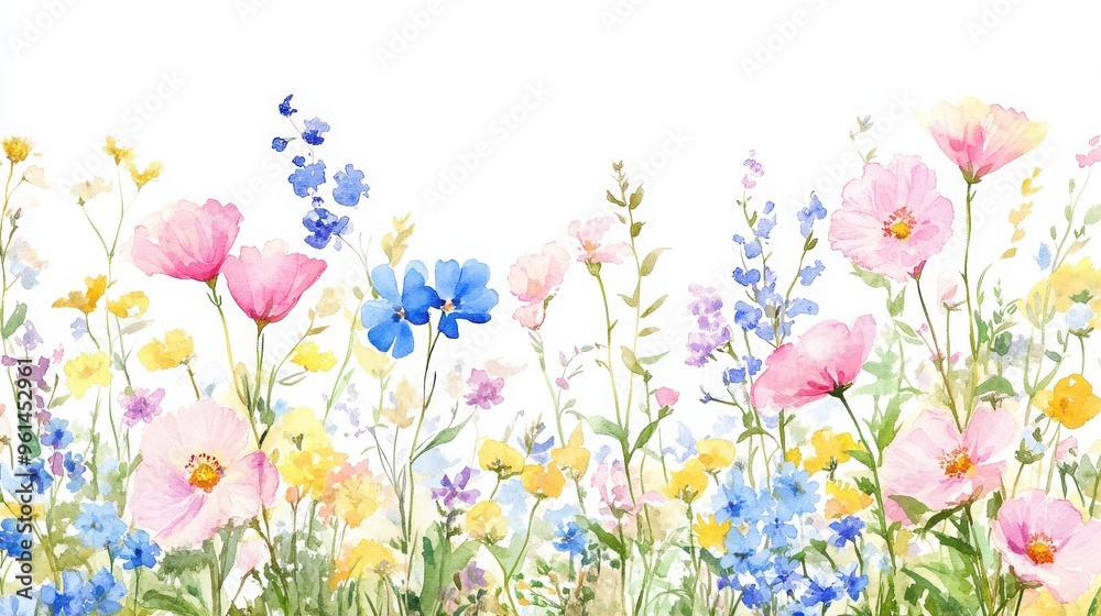 Watercolor wildflower field with a pattern of pink, blue, and yellow flowers along the border on a white background. Watercolor wildflower field with a pattern of pink, blue, and yellow flowers along the border on a white background.