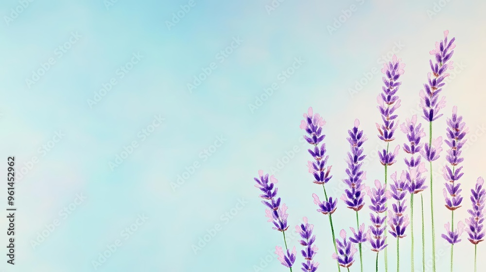 Naklejka premium Vibrant lavender flowers against a soft blue background, creating a serene and calming atmosphere for relaxation and beauty.