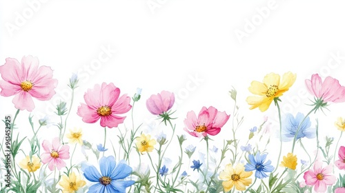 Watercolor wildflower field with a pattern of pink, blue, and yellow flowers along the border on a white background.