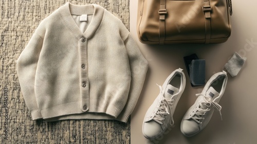 Top view of a travel essentials set, featuring a comfortable cardigan, pants, sneakers, and a weekender bag, on a neutral background. photo