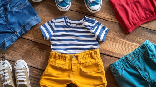 Top view of a variety of children's casual wear, featuring a striped t-shirt, cargo pants, and sneakers, on a wooden surface. photo