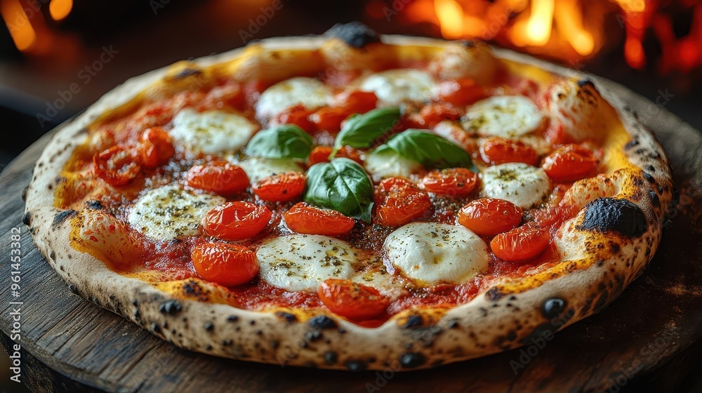gourmet neapolitan pizza fresh from woodfired oven featuring blistered crust melted buffalo mozzarella vibrant san marzano tomatoes and fragrant basil leaves on rustic wooden board gourmet neapolitan pizza fresh from woodfired oven featuring blistered crust melted buffalo mozzarella vibrant san marzano tomatoes and fragrant basil leaves on rustic wooden board